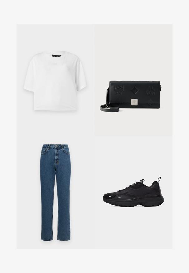 Hvid kortærmet t-shirt lavet af bomuld, med rund halsudskæring og korte ærmer. Diskret prægede logo foran. Glat tekstur.; Højtaljede straight-leg jeans i mørkeblå denim. Har en knap- og lynlåslynlås, fem lommer og en let falmet tekstur.; Sort atletiksko med tyk sål, tekstureret overdel, sidepaneler, snørebånd og trækflapper på tunge og hæl.; Sort læderrektangulær crossbody-taske med præget logo og diamantmønstre, med en sølvmetal logo-plade på frontklappen.