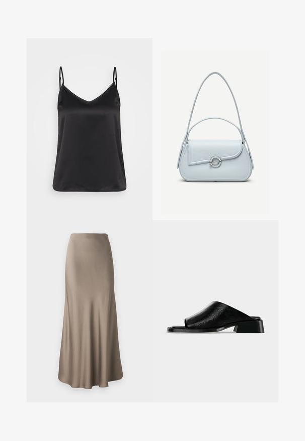 Sort satin camisole med V-hals, tynde justerbare stropper og en glat, blank overflade. Ingen mønstre eller yderligere dekorationer.; Lang brun satin nederdel med en glat tekstur, der har en flydende silhuet og en let udvidet kant. Ingen synlig hardware eller mønstre.; Sort åben tå læder slide sandal med lav blokhæl og glat tekstureret overdel, vist på en ensartet lys grå baggrund.; Lyseblå lædertaske med rundet flap, sølvfarvet cirkulært lås og to skulderstropper mod en ensfarvet baggrund.