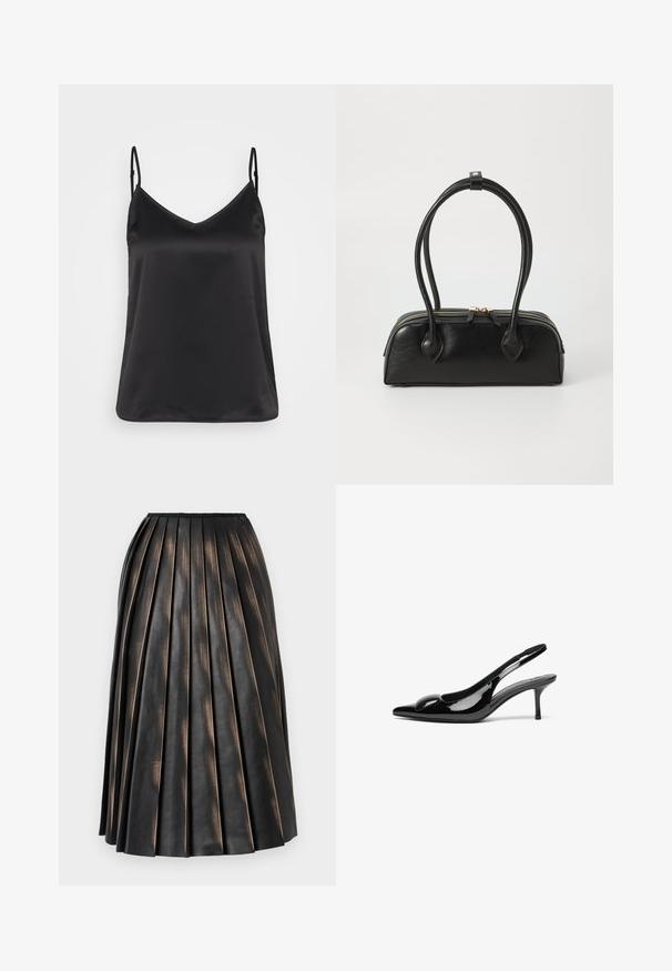 Camisole en satin noir avec un décolleté en V, de fines bretelles réglables et une texture lisse et brillante. Aucun motif ni accent supplémentaire.; Jupe midi plissée noire avec une finition texturée légèrement brillante et un petit logo près de la ceinture.; Escarpins slingback en cuir verni noir avec un bout pointu et une finition brillante. Présente un talon fin et un accent arrondi au dessus du pied.; Sac à main en cuir noir avec deux anses allongées, fermeture éclair et forme arrondie ; texture lisse avec une finition légèrement brillante.