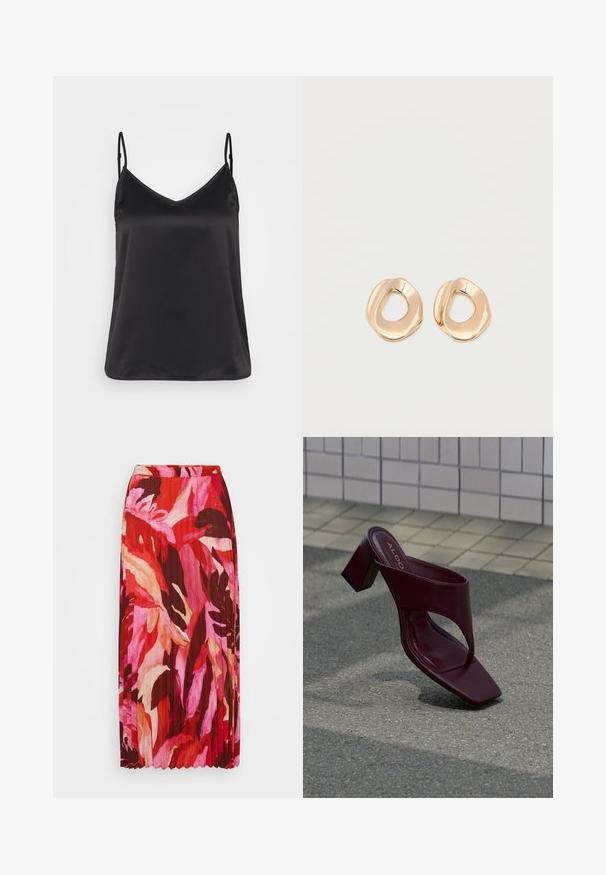Sort satin camisole med V-hals, tynde justerbare stropper og en glat, blank overflade. Ingen mønstre eller yderligere dekorationer.; Plisseret maxinederdragt med et livligt blomstermotiv i nuancer af rød, pink og creme; lavet af letvægtsstof med elastisk talje.; Mørkerød sandal med høje hæle, firkantet tå og bred rem, placeret på flisebelagt og asfaltbelagt overflade.; Par af uregelmæssigt formede, polerede øreringe i guldfarvet metal med åben midte på en ens hvid baggrund.