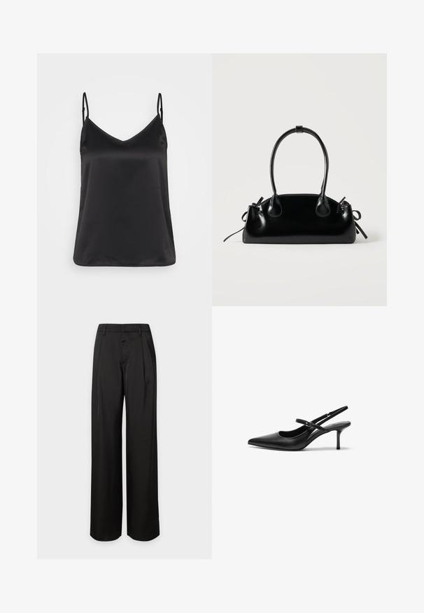 Sort satin camisole med V-hals, tynde justerbare stropper og en glat, blank overflade. Ingen mønstre eller yderligere dekorationer.; Sorte, brede bukser med høj talje, bæltestropper og forreste læg, vist mod en ensartet lys baggrund.; Sorte læder slingback hæle med spids tå, slank justerbar rem og en stiletto hæl på cirka 5 cm, glat tekstur.; Lille sort blank håndtaske med to lange håndtag og snøre-detaljer i siden på en ensfarvet lys baggrund.