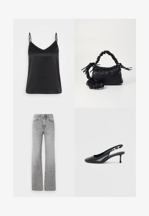 Sort satin camisole med V-hals, tynde justerbare stropper og en glat, blank overflade. Ingen mønstre eller yderligere dekorationer.; Slidsegrå denimjeans med lige ben, knap- og lynlåsclosure, frontlommer og bæltestropper på en hvid baggrund.; Sort læder slingback-sko med spids snude, lav, slank kittenhæl og justerbar spænde på en ensfarvet lys baggrund.; Sort kunstlæder håndtaske med krokodilteksur, indsnøret top og en sammenkrøben rem. Ser blød og kompakt ud i designet.