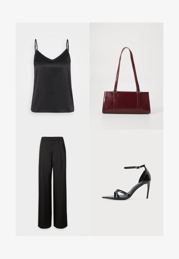 Camisole en satin noir avec un décolleté en V, de fines bretelles réglables et une texture lisse et brillante. Aucun motif ni accent supplémentaire.; Pantalon noir taille haute à jambes larges avec passants de ceinture et plis devant, présenté sur un fond clair uni.; Sandale à talon haut en cuir verni noir avec fine bride à la cheville, bout ouvert et design minimaliste sur fond clair uni.; Sac à main bordeaux en matériau brillant, de forme rectangulaire, avec deux anses et des accents légèrement courbés à l'avant.
