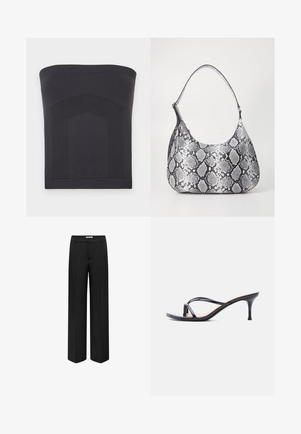 Haut noir sans bretelles avec une texture côtelée au centre. Tissu lisse, coupe ajustée, et bande élastique en haut pour un maintien sûr.; Pantalons larges noirs en tissu lisse, dotés d'une taille, de poches avant et d'une coupe ajustée. Pas de motifs ni d'accents visibles.; Sandale à talon en cuir verni noir avec fines lanières croisées et talon aiguille moyen et élancé sur fond blanc.; Sac à épaule en simili cuir noir et blanc avec imprimé serpent, de forme arrondie, texture lisse et bandoulière incurvée. Présente un accent en matériel argenté.