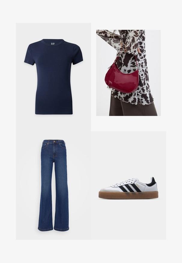 Camiseta ajustada de manga corta en azul marino con cuello redondo sobre un fondo liso y claro.; Pantalones vaqueros de pierna ancha fabricados en denim azul oscuro. Presentan una cintura alta, diseño de cinco bolsillos y costuras sutiles en las costuras.; Zapatillas de cuero blancas con rayas negras, suela de goma, puntera redonda, cierre de cordones y caperuza de ante gris suave.; Mujer con blusa de estampado en blanco y negro sosteniendo un bolso de hombro rojo brillante sobre un fondo liso.