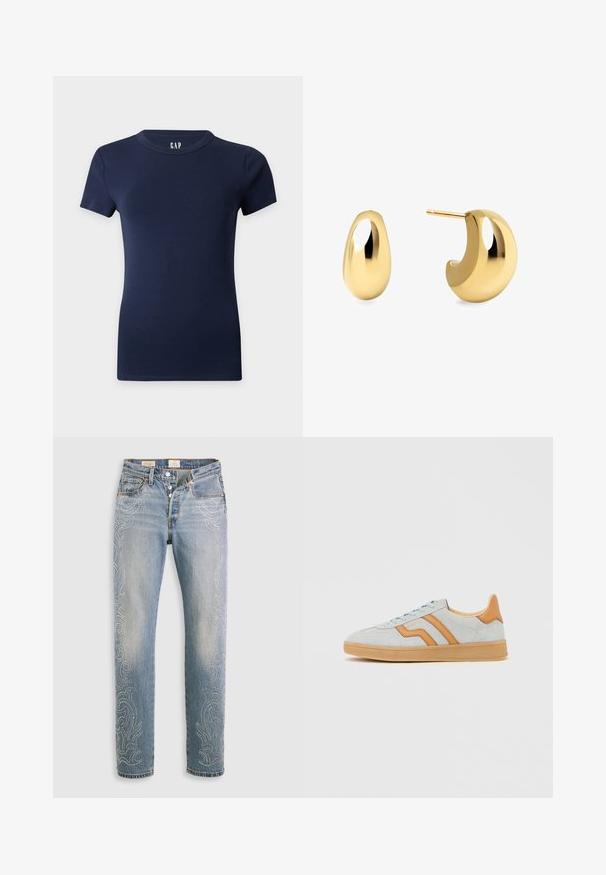 Marineblå tætsiddende T-shirt med korte ærmer og rund halsudskæring på en ensfarvet lys baggrund.; Lysblå denimjeans med høj talje, lige ben og dekorative perlemønstre langs de ydre sømme. Fem-lomme-design og knaplukning.; Lysegrå ruskindssneaker med brune læderdetaljer, gummisål og lyseblå snørebånd, vist fra siden på en hvid baggrund.; Guldtonede øreringe med en glat, tårnformet silhuet og et buet design. Overfladen er poleret, hvilket reflekterer lyset.
