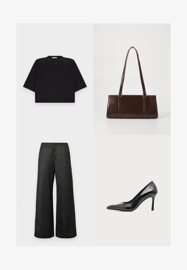 T-shirt noir court avec larges manches courtes et encolure ronde, posé à plat sur un fond gris clair.; Pantalons larges noirs avec poches avant et taille haute, fabriqués à partir d'un tissu lisse, présentés sur un fond clair.; Chaussure à talon haut pour femme en cuir verni noir avec bout pointu et talon fin sur fond clair uni.; Sac à main en cuir verni marron de forme rectangulaire, avec deux longues poignées et des accents courbés subtils à l'avant.