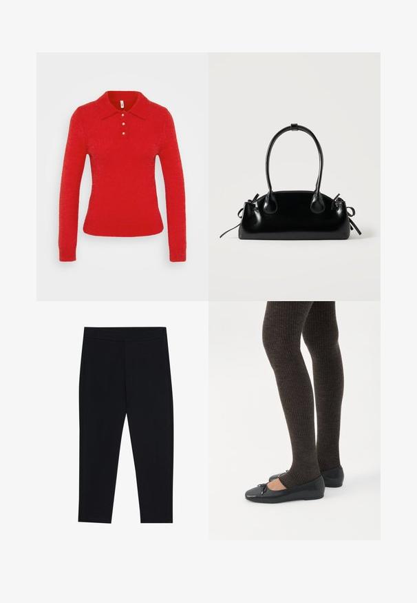 ONLY Tall ONLPETRA POLO BLING - Jersey de punto - salsa; Leggins negros hechos de una tela elástica, con una cinturilla elástica y una textura suave. Sin patrones visibles ni detalles de hardware.; Piernas con leggings oscuros acanalados combinados con bailarinas negras que presentan pequeños detalles de lazo sobre un fondo blanco.; Pequeño bolso negro brillante con dos asas largas y detalles de cordón lateral sobre un fondo claro liso.