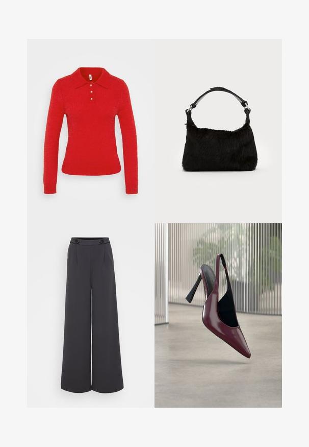 ONLY Tall ONLPETRA POLO BLING - Jersey de punto - salsa; Pantalones de pierna ancha en tejido gris oscuro. Presenta pliegues en la parte frontal y dos botones decorativos en la cintura. Textura suave y forma entallada.; Sandalia slingback de tacón alto en rojo oscuro brillante con punta puntiaguda y forro interior negro, flotando sobre un suelo de hormigón liso en el interior.; Bolso de mano de piel sintética negra con una textura suave, forma redondeada y una resistente correa de cuero negro para el hombro. Acentos de herrajes plateados visibles.
