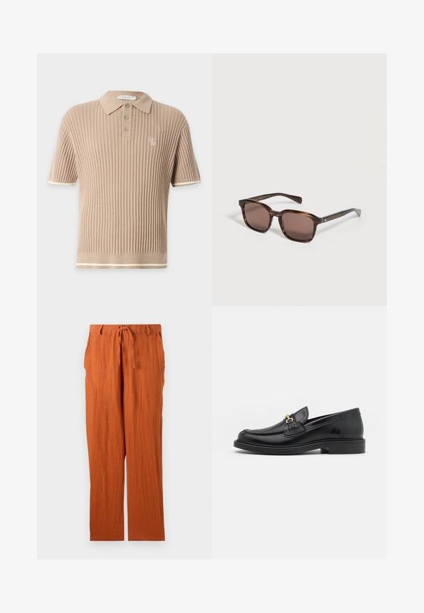 Polo en maille côtelée beige à manches courtes avec trois boutons, petit logo brodé sur la poitrine et finition blanche aux manches et à l'ourlet.; Pantalons couleur rouille en tissu texturé, avec une taille à nouer et une coupe droite. Style simple et sans ornements.; Mocassins en cuir noir avec un embout rond, présentant des accents en métal doré et des détails de couture, montés sur une semelle en caoutchouc texturé et basse.; Lunettes de soleil rectangulaires écaille de tortue marron avec des verres foncés et des branches droites sur fond blanc.