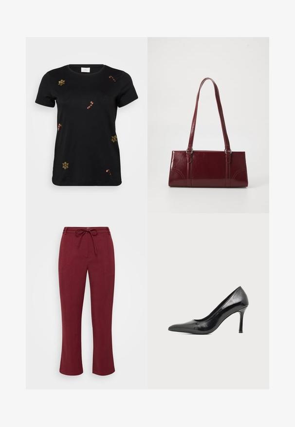 Camiseta negra de manga corta con copos de nieve y bastones de caramelo bordados en oro, con un cuello redondo clásico y tela de algodón suave.; Pantalones burdeos fabricados con un tejido texturizado, con cinturilla con cordón y corte recto. Sin bolsillos ni herrajes visibles.; Zapato de tacón alto de mujer en piel negra patentada, con punta puntiaguda y tacón delgado, sobre un fondo claro y liso.; Bolso burdeos hecho de material brillante, de forma rectangular, con dos asas para el hombro y sutiles acentos curvados en la parte frontal.