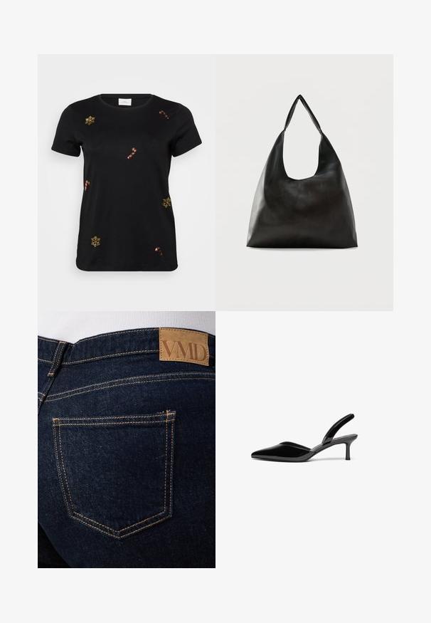 Sort kortærmet t-shirt med guld broderede snefnug og slikstokke, med en klassisk rund halsudskæring og blødt bomuldsstof.; Mørkeblå denimjeans med synlige orange syninger og en brun læderlap med mærket "VMD" over den bageste højre lomme.; Sorte patentlæder slingback hæle med spids tå, lav stiletto hæl og et elegant, enkelt design uden pynt.; Sort skuldertaske i glat læder med en bred, enkelt strop og et afslappet, minimalistisk design mod en ensfarvet baggrund.