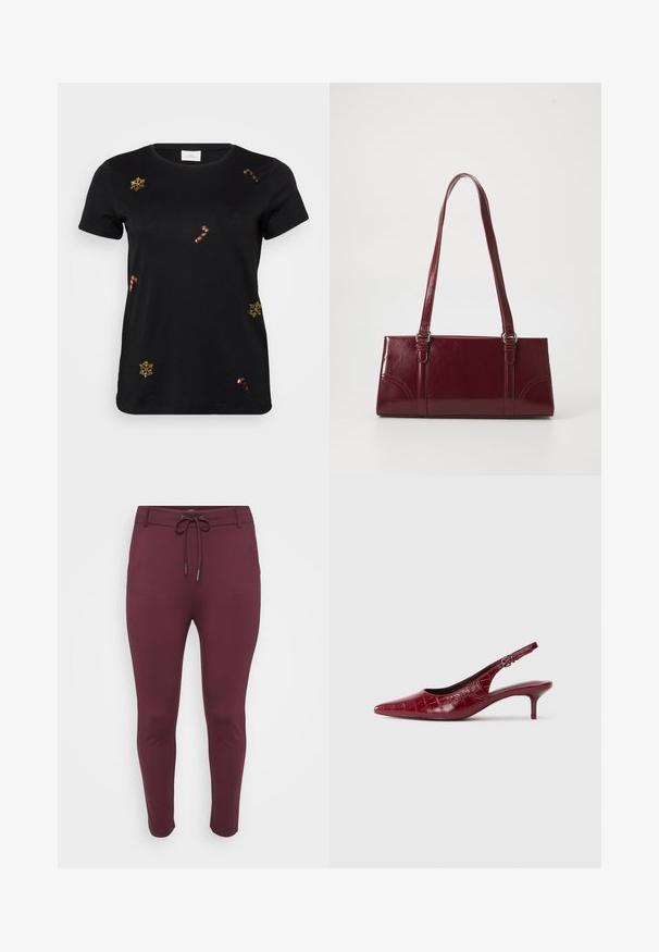 Zwarte t-shirt met korte mouwen, versierd met gouden geborduurde sneeuwvlokken en suikerstokken, met een klassieke ronde halslijn en zachte katoen. ; Bordeaux, stretchy broek met een trekkoordtailleband, met een aangesloten ontwerp en taps toelopende benen, gepresenteerd tegen een witte achtergrond.; Bordeaux lederen slingback pump met krokodillenstructuur, puntige neus, verstelbare gesp en lage kittenhak op een witte achtergrond.; Bourgondische handtas van glanzend materiaal, rechthoekige vorm, met twee schouderbanden en subtiele gebogen accenten aan de voorkant.