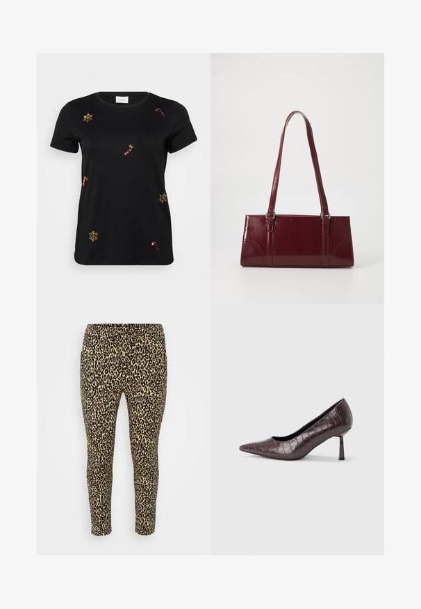 Camiseta negra de manga corta con copos de nieve y bastones de caramelo bordados en oro, con un cuello redondo clásico y tela de algodón suave.; Leggings con estampado de leopardo en tono beige y negro, que presentan una cintura con cordón, ajuste ceñido y una tela suave y elástica para mayor comodidad.; Tacones puntiagudos de cuero sintético marrón con textura de cocodrilo, con un tacón delgado y angular y un forro interior suave.; Bolso burdeos hecho de material brillante, de forma rectangular, con dos asas para el hombro y sutiles acentos curvados en la parte frontal.