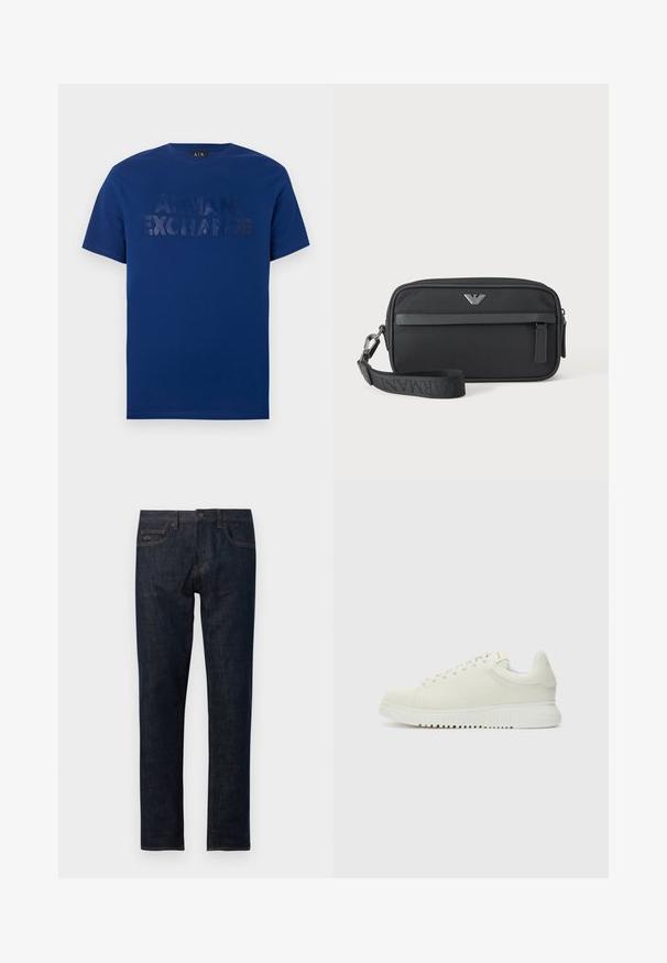 Μπλε κοντομάνικη μπλούζα Armani Exchange με ανάγλυφο όνομα της μάρκας στο κέντρο του στήθους.; Σκούρες μπλε τζιν παντελόνες με ίσια γραμμή, που διαθέτουν κλείσιμο με κουμπί, πέντε τσέπες και πορτοκαλί ραφές.; Λευκό δερμάτινο sneaker με υφή στην πάνω επιφάνεια, στρογγυλή μύτη, επίπετη λευκή σόλα και τόνος κορδόνια. Διακριτική σήμανση στη γλώσσα.; Μαύρο ορθογώνιο τσαντάκι καρπού με εμπρόσθια τσέπη με φερμουάρ, ασημένιο λογότυπο και αφαιρούμενο λουράκι με κείμενο του brand.