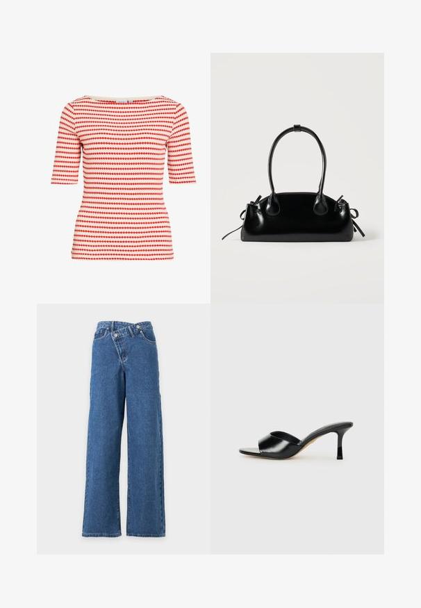 Haut ajusté à manches courtes avec des rangées horizontales de petits losanges rouges sur fond blanc, col rond.; Jean denim bleu à jambes larges, taille haute avec fermeture à boutons chevauchants sur fond blanc uni.; Mules à talons hauts en cuir noir avec un design à bout ouvert et une large sangle supérieure incurvée. Texture lisse et silhouette élégante.; Petit sac à main noir brillant avec deux longues anses et des détails à cordon sur les côtés sur un fond clair uni.