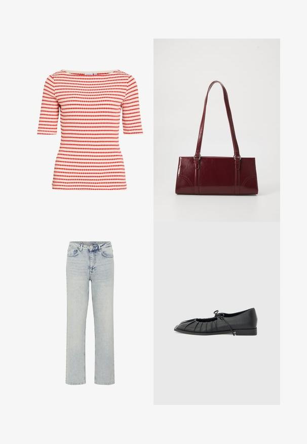 Kort mouwtjes passend shirt met horizontale rijen kleine rode diamantvormen op een witte achtergrond, ronde halslijn.; My Essential Wardrobe WIDE 05 THE LOUIS 139 - Relaxed fit jeans - light blue dirty wash; Zwarte platte schoen met geplooid voorkantontwerp en een gestrikte strik bovenop, lage hak en gladde textuur op een lichtgrijze achtergrond.; Bourgondische handtas van glanzend materiaal, rechthoekige vorm, met twee schouderbanden en subtiele gebogen accenten aan de voorkant.