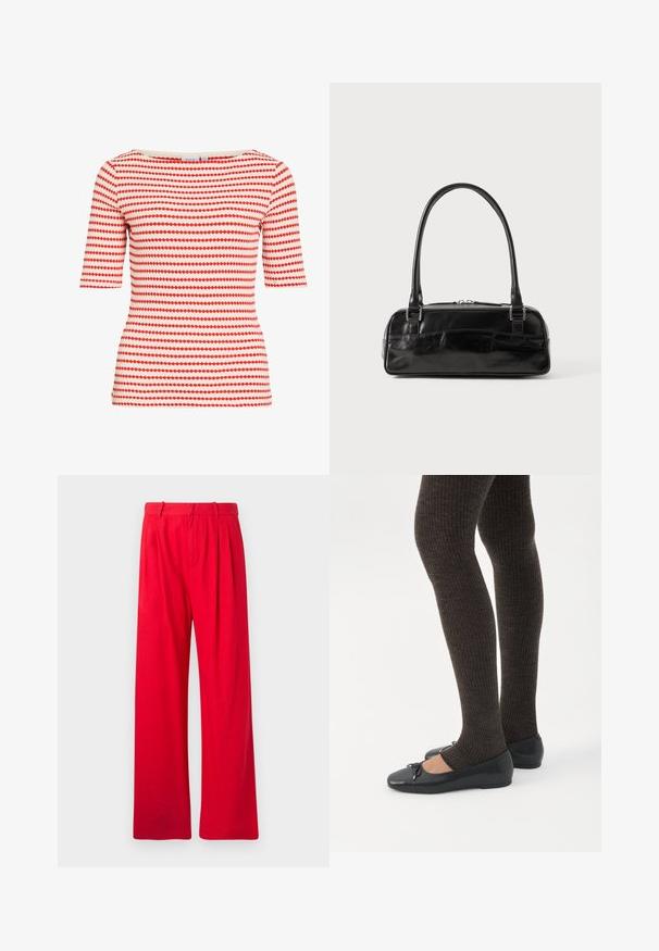 Top ajustado de manga corta con filas horizontales de pequeñas formas de diamante rojas sobre un fondo blanco, escote redondo.; Pantalones anchos rojos hechos de tela suave, con pliegues frontales, una cinturilla plana y una textura suave. Sin bolsillos ni patrones visibles.; Piernas con leggings oscuros acanalados combinados con bailarinas negras que presentan pequeños detalles de lazo sobre un fondo blanco.; Bolso de mano de cuero negro con forma rectangular, equipado con un asa estructurada, herrajes en plata y cierre de cremallera. Textura suave.