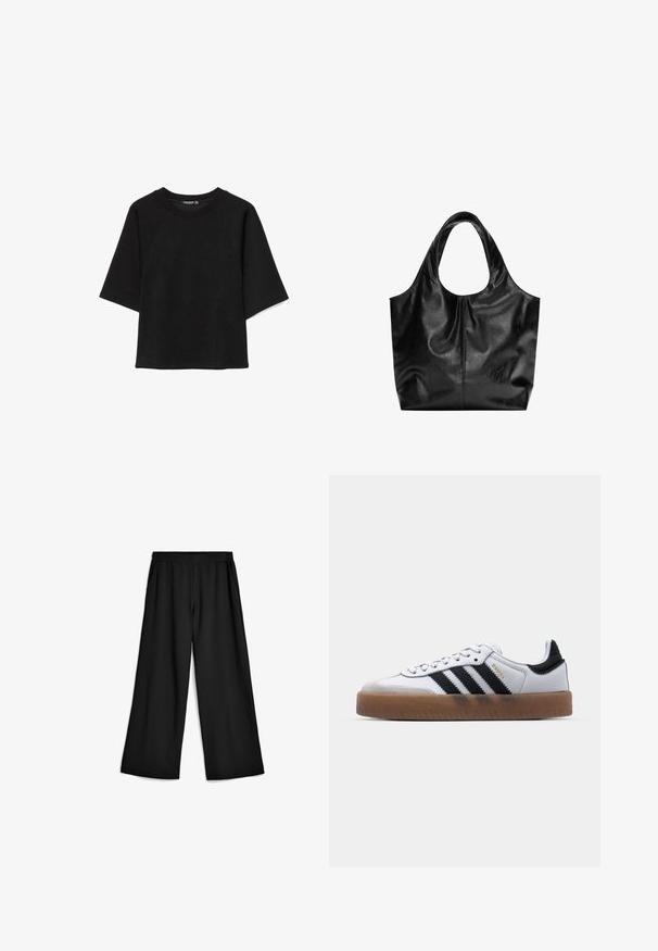 Schwarzes, oversized Sweatshirt mit kurzen Ärmeln, Rundhalsausschnitt und lockerem Sitz, präsentiert auf weißem Hintergrund.; Schwarze, weit geschnittene Hose aus weichem, dehnbarem Stoff. Elastischer Bund mit Taschen an den Seiten. Klare Linien und glatte Oberfläche.; Weiße Leder Sneakers mit schwarzen Streifen, Gummigummi-Außensohle, runder Zehenform, Schnürverschluss und weichem grauem Wildleder-Zehenkappe.; Schwarze Leder-Tote mit glatter Textur, weichem, abgerundetem Oberteil und breiten Tragegriffen. Merkmale minimale Nähte und eine lässige Silhouette.