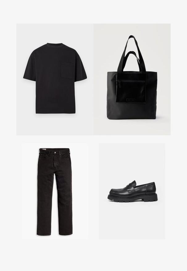 T-shirt noir à manches courtes en coton. Doté d'un col rond et d'une poche poitrine unique. Design simple et épuré sans motifs.; Jean en denim noir à jambes droites avec cinq poches, fermeture à bouton et passants de ceinture, posés à plat sur un fond blanc.; Mocassin en cuir noir avec semelle épaisse crantée et détail de bride penny, présenté en profil droit sur fond blanc.; Sac cabas noir avec poche zippée à l'avant et double poignée, posé sur un fond clair uni.