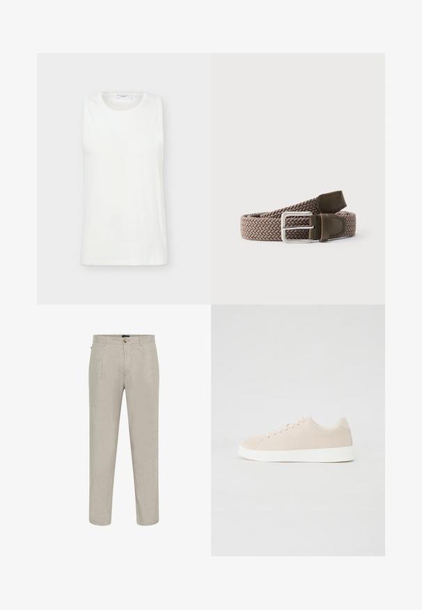 Top blanco sin mangas con cuello redondo, hecho de tela lisa, mostrado plano sobre un fondo claro.; Pantalones de lino beige con un acabado texturizado, que cuentan con un diseño de pierna recta, dos bolsillos frontales y un cierre de botón en la cintura.; Zapatillas de ante beige con suelas de goma blanca, puntera redondeada y seis ojales para los cordones. Textura suave con un diseño minimalista.; Cinturón de tela trenzada marrón con extremos de cuero oscuro y una hebilla metálica rectangular plateada sobre un fondo blanco.