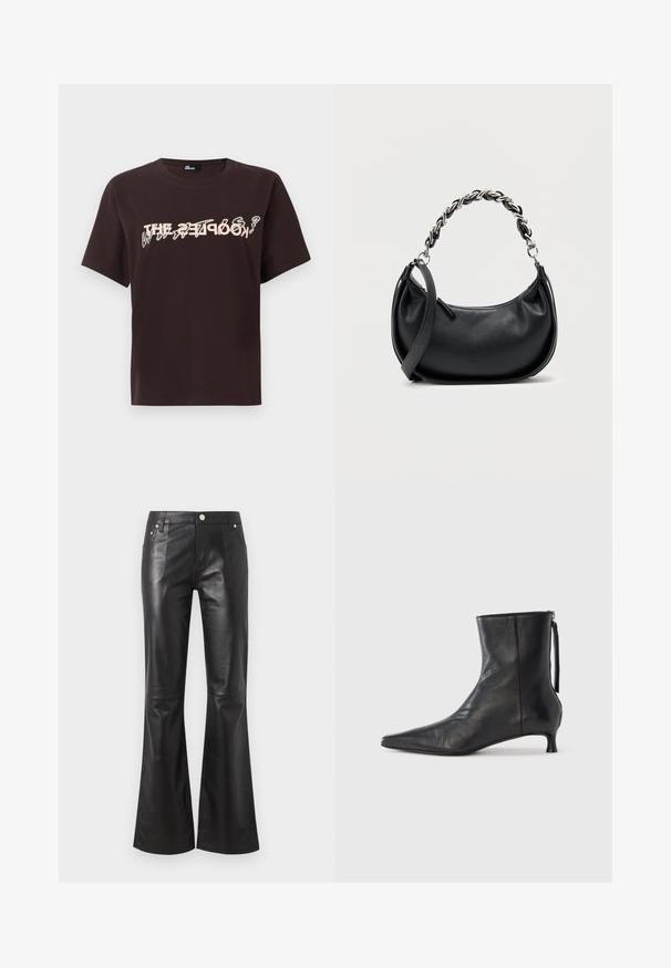 T-shirt à manches courtes couleur brun foncé avec col rond et texte graphique superposé en beige et blanc centré sur la poitrine.; Pantalon taille haute en simili cuir noir avec jambes évasées, fermeture devant par bouton et fermeture éclair, poches devant et derrière.; Bottine en cuir noir à bout pointu, forme structurée et petit talon. Dispose d'une fermeture éclair latérale et d'un design minimaliste.; Sac à main en cuir noir de forme arrondie, avec une double bandoulière comprenant une grosse chaîne en argent, et une fermeture supérieure zippée. Texture lisse.