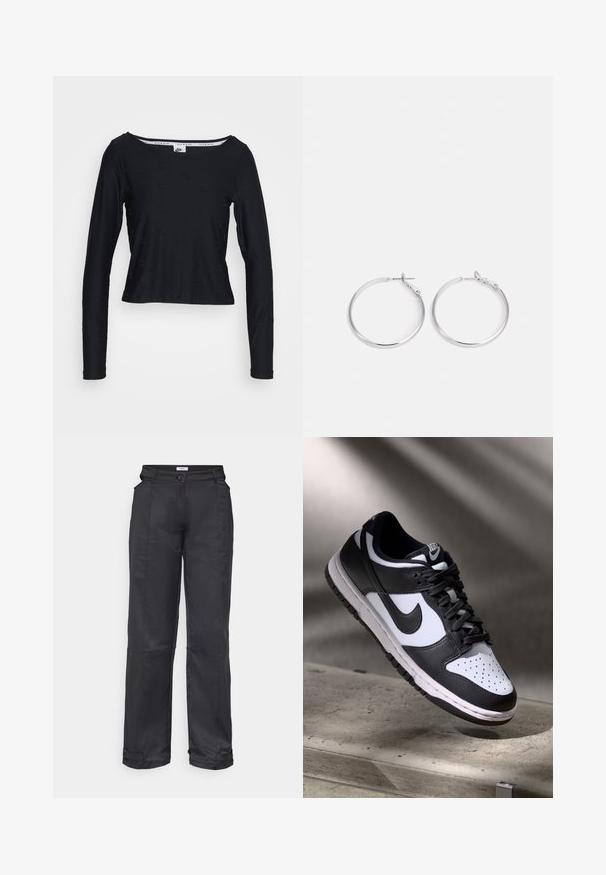 Nike Sportswear AIR - Longsleeve - black; Envii EMBLA PANTS CUT - Broek - black; Zwart-witte Nike Dunk Low sneaker met een leren bovenwerk, geperforeerde neus, en zwarte veters, met een witte zool en logo-accenten.; sweet deluxe EARRING - Oorbellen - silver-coloured