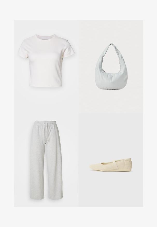 Denim Project DPMDPWRIBBED CROPPED T-SHIRT - Lihtne T-särk - jet stream; Even&Odd Petite by Zalando Dresside alumine osa - mottled light grey; Beezid balletikingid, millel on sujuv nahast välimus, mandli kujuline nina ja elastne rihm üle jala, millel on peened õmblustavad detailid.; Pehmea, heleda halli hobo-kott, mis on valmistatud sünteetilisest materjalist. Omab ühte pehmendatud sangaga kät ja külgmist lukkudega taskut.