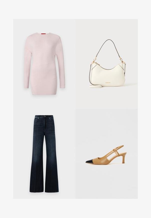 Lichtroze langemouwen top met een ronde nek, voorzien van diagonale stiksels en een gladde textuur.; Donkerblauwe hoge taille wijde jeans met voorzakken, riemlussen en een knoop- en ritsluiting.; Beige slingbackhakken met een spitse zwarte neuskap, met uitgeholde zijkanten en een blokhak van gemiddelde hoogte. Glad leermateriaal.; Witte leren schoudertas met goudkleurige hardware, zwarte biezen en afneembare schouderriem. Michael Kors-logo in goud onderaan in het midden.