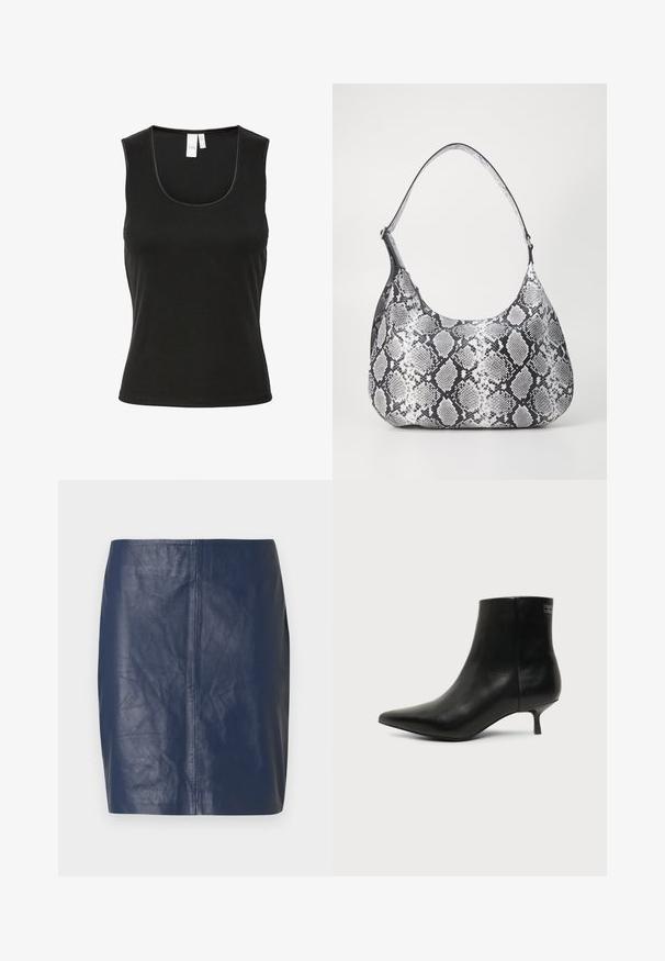 Sort ærmeløs tanktop lavet af ribbet materiale med rund halsudskæring og slim fit design. Minimalistisk stil uden mønstre eller accenter.; Marineblå mininederdel i læder med en glat tekstur, lige snit og minimale syningsdetaljer på siderne.; Sort læder ankelstøvle med spids tå og lav kitten hæl på lys baggrund, der viser yderside.; Sort-hvid slangemønster skuldertaske med en rund form, glat tekstur og en buet rem. Har et sølvfarvet hardware-accents.