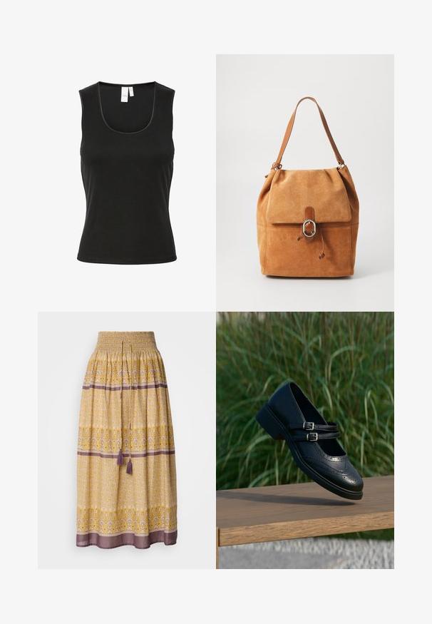 Sort ærmeløs tanktop lavet af ribbet materiale med rund halsudskæring og slim fit design. Minimalistisk stil uden mønstre eller accenter.; Gul maxi-nederdel med smock-liv, blomster- og geometriske mønstre i hvid og lilla, med to lilla kvaster ved livet.; Sort læder Mary Jane-sko med dobbelte spænder og brogue-detaljer, der svæver over en træbænk med grøn græsbaggrund.; Tan suede skuldertaske med fold-over flap, brune læderdetaljer og en sølvhardware ring. Den har en snorelukning og en blød tekstur.