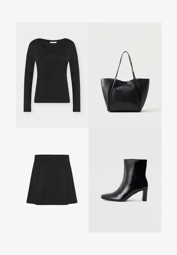 Chemise noire à manches longues avec un col en V, présentée à plat sur un fond blanc uni. Aucun motif ni dessin visible.; Jupe plissée noire avec une taille structurée. Fabriquée à partir d'un tissu texturé, elle présente des plis distincts et un ourlet droit.; Bottine noire en cuir brillant, avec un bout pointu et un talon carré moyen, présentant une texture lisse et un design simple.; Sac cabas en cuir noir avec deux longues anses et un bord supérieur légèrement incurvé, présenté sur un fond clair uni.