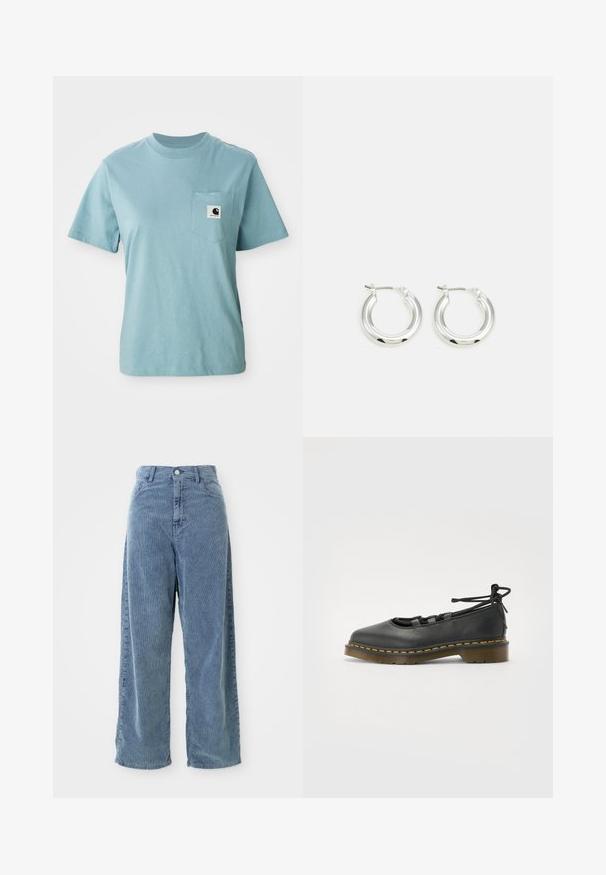 Camiseta de algodón de manga corta color azul claro con bolsillo en el pecho que presenta un pequeño parche del logotipo en blanco y negro de Carhartt.; Pantalones de pana azul de pierna ancha con textura de ribetes verticales, que cuentan con un cierre de botón en la parte delantera y lazos para cinturón, además de una silueta relajada.; Zapato de cuero negro con punta redondeada, tacón bajo, detalles de cordones y costuras amarillas a lo largo de la suela. Textura suave con un acabado mate.; Pendientes de aro de plata con un acabado pulido, que presentan una forma circular y un cierre de gancho. Textura suave con detalles mínimos.