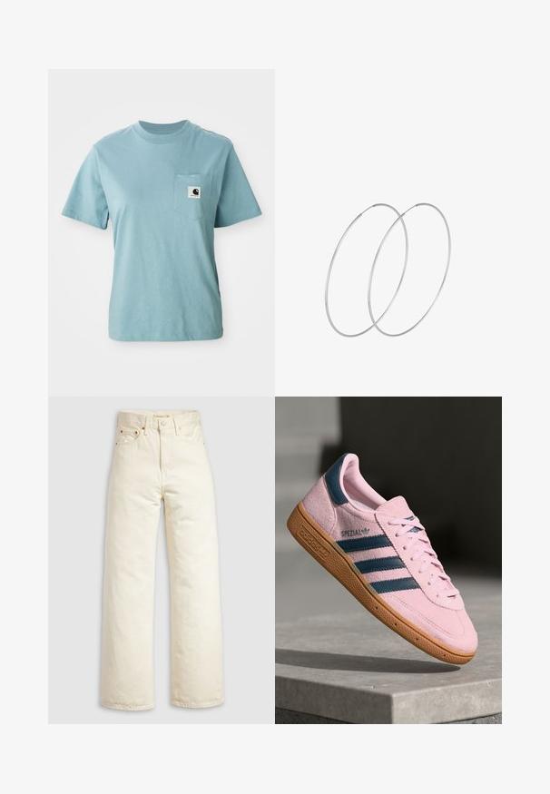 Lyseblå kortærmet bomulds T-shirt med brystlomme og et lille sort-hvidt Carhartt logo patch.; Vidbenede jeans i offwhite denim med høj talje, kobbernitter og klassisk design med fem lommer. Struktureret stof med rene kanter.; Lyserød ruskindssneaker med marineblå tre striber, gummisål og lyserøde snørebånd. Har "SPEZIAL"-branding på siden.; Sølvøreringe med et minimalistisk design. Cirkulær form, glat tekstur og tynd profil. Letvægtige med en poleret overflade.