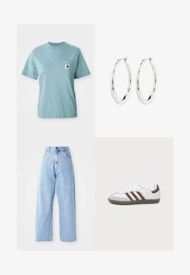 Lichtblauw katoenen T-shirt met korte mouwen en een borstzak, voorzien van een klein zwart-wit Carhartt logo patch.; Hogewaisted lichtblauwe denim jeans met rechte wijde pijpen, voorste knoop, ritssluiting en voor- en achterkant zakken.; Witte en bruine Adidas Samba sneaker met drie bruine strepen, veters en een textuurs van boven- tot zool, getoond vanaf de zijkant op een effen achtergrond.; Zilveren oorbellen in de vorm van een gladde, glanzende ring. Circulaire vorm, voorzien van een veilige sluiting. Eenvoudig en elegant ontwerp.