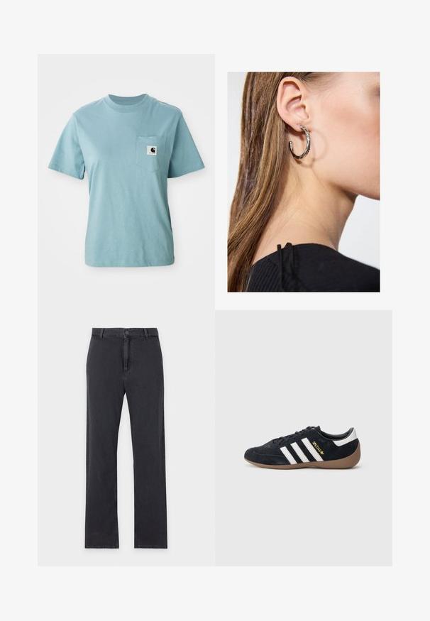 Lyseblå kortærmet bomulds T-shirt med brystlomme og et lille sort-hvidt Carhartt logo patch.; Straight-leg sorte jeans med forreste knap- og lynlåslukning, bæltestropper og klassisk fem-lommer design, lagt fladt på hvid baggrund.; Sort ruskindssneaker med tre hvide striber, gummisål og et lille gyldent logo på siden. Har en glat sort foring indvendigt.; Sølv hoop ørestik med en poleret overflade, prydet med små guld accenter og en rund form, båret på øreflippen.