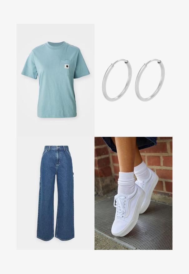 Lyseblå kortærmet bomulds T-shirt med brystlomme og et lille sort-hvidt Carhartt logo patch.; Bredde ben blå denimbukser med høj talje, kontrastsyede sømme og sidelommer, med et klassisk fem-lomme design og rå kanter.; Hvide lærreds sneakers med gummisåler, der har seks snørehuller, rund tå og let sømdetaljer, krydret med hvide ankelstrømper.; Sølv hoops øreringe, cirkulær form, glat skinnende tekstur og ensartet bredde hele vejen igennem. Minimalistisk design uden yderligere accenter.