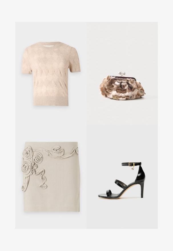 AERON SONIA SHORT SLEEVED - T-shirts basic - hay; Beige linnedragt med teksturerede, stof rosetapplikationer og snoet bånddetalje for et dimensionelt udseende. Glat finish.; Sorte patenterede lædersandaler med tre stropper, ankelspænde og 10 cm stiletthæl. Har detaljer i guld og et logo charms.; Lille beige clutch-pung dækket med store skinnende palietter med en sølvkugle-lås på toppen mod en ensfarvet baggrund.