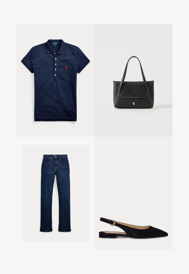 Marineblå kortærmet poloshirt med fire hvide knapper og rødt broderet logo på venstre bryst, lagt fladt på hvid baggrund.; Mørkeblå straight-leg jeans med frontknap og lynlås, fem-lomme design og synlige syninger.; Sort ruskind flad sko med spids tå, slingback, lav hæl og justerbar guldlukke rem.; Sort læderhåndtaske med to håndtag, frontklap med knaplukning, hvide syninger og lille hestelogo på ensfarvet baggrund.