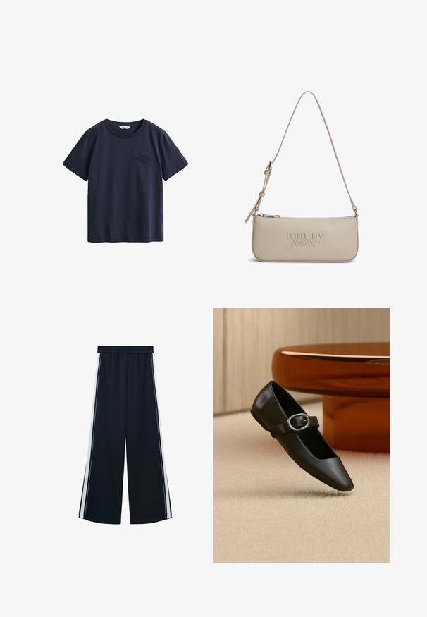Marineblauw katoenen T-shirt met korte mouwen, een ronde hals en een klein reliëflogo op de linkerborst.; Wijde broek in marineblauw stof met een zachte textuur. Kenmerkt zich door een rekbare tailleband, zijzakken en witte strepen langs de zijkanten.; Zwarte leren Mary Jane platte schoen met zilveren gesp, getoond op een beige tapijt vlakbij een bruine ronde tafelpoot.; Beige Tommy Jeans schoudertas met slanke rechthoekige vorm, geperst logo, verstelbare riem en ritssluiting aan de bovenkant.