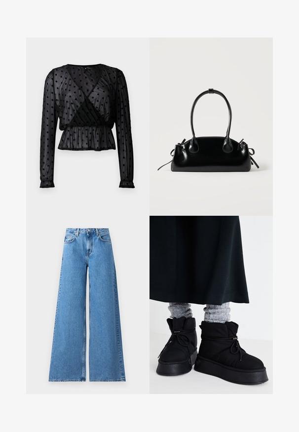 Schwarze transparente Bluse mit langen Puffärmeln, gepunktetem Muster, Wickeldesign, gerafftem Taillenbereich und zarten Handgelenk-Manschetten.; Weite, blaue Jeans mit hohem Bund, ausgestattet mit einem klassischen Fünf-Taschen-Design und Nähten an den Seiten für zusätzliche Details.; Schwarze, gepolsterte Knöchelstiefel mit flachen Sohlen, Schnürsenkeln und auffälligen Nähten. Kombiniert mit grauen, gerippten Socken, die hervorlugen, und getragen zu einem dunklen Rock.; Kleine schwarze glänzende Handtasche mit zwei langen Griffen und seitlichen Kordelzug-Details vor einfachem hellem Hintergrund.