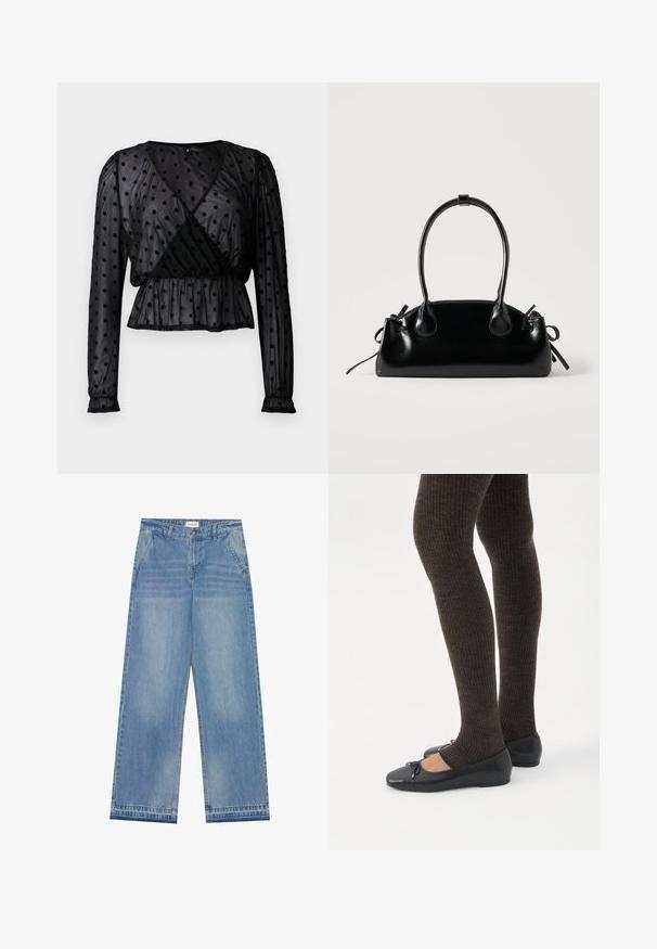 Zwarte doorschijnende blouse met lange pofmouwen, stippenpatroon, wikkelfrontontwerp, gerimpelde taille en delicate polswijze.; Lichtblauwe hoge taille wijde jeans met een knoopsluiting, voorzakken, riemlussen en subtiele vervaagde details.; Benen met donkere geribbelde leggings gecombineerd met zwarte ballerina's met kleine strikdetails op een witte achtergrond.; Kleine zwarte glanzende handtas met twee lange hengsels en zijkant trekkoord details op een effen lichte achtergrond.