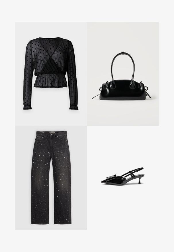 Sort gennemsigtig bluse med lange pufærmer, prikmønster, indpakning foran, gathered talje og delikate håndledsmanchetter.; Sorte denim jeans med en løs pasform, prydet med spredte sølv-, guld- og hvide prikker. Designet med klassiske lommer og metalbeslag.; Sorte patenterede læderslingbacks med spids tå, en sløjfedetalje foran og en lille stilettohæle. Remmene har justerbare spænder.; Lille sort blank håndtaske med to lange håndtag og snøre-detaljer i siden på en ensfarvet lys baggrund.