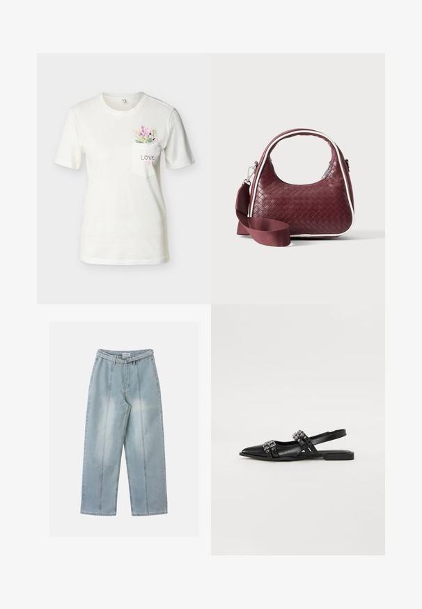 Chemise blanche à manches courtes avec un col rond, poche avant étiquetée "LOVE", tenant un bouquet de fleurs roses et vertes.; Jean large bleu clair à taille haute, coutures verticales cousues et ceinture assortie avec boucle en métal.; Even&Odd by Zalando Ballerines à brides arrière - black; Sac à main en cuir tressé marron foncé avec poignée courbée, garniture blanche, fermeture éclair argentée et bandoulière large en tissu amovible sur fond uni.