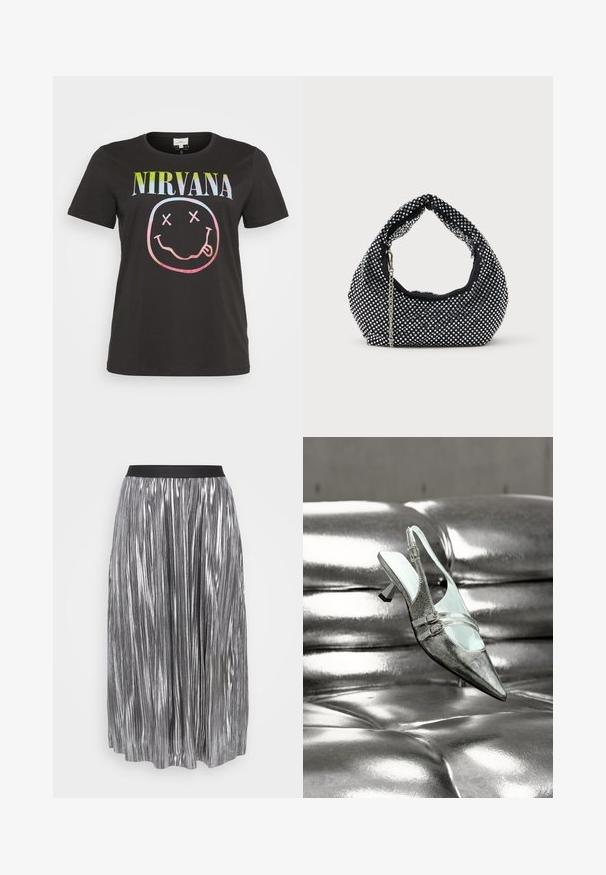 Sort bomulds t-shirt med flerfarvet "NIRVANA" tekst over et smilende ansigt med X'er i stedet for øjne, korte ærmer og rund halsudskæring.; Sølvplettet nederdel lavet af metallisk stof med et sort elastisk taljebånd. Har vertikale, blanke folder og en længde til midt på læggen.; Sølv høje hæle slingback sko med to spænder, hvilende på en skinnende, tuftet sølv læderoverflade.; Sort mesh håndtaske prydet med sølvnitter, udstyret med et buet håndtag og en kædetraspe. Blød tekstur med en rund form.