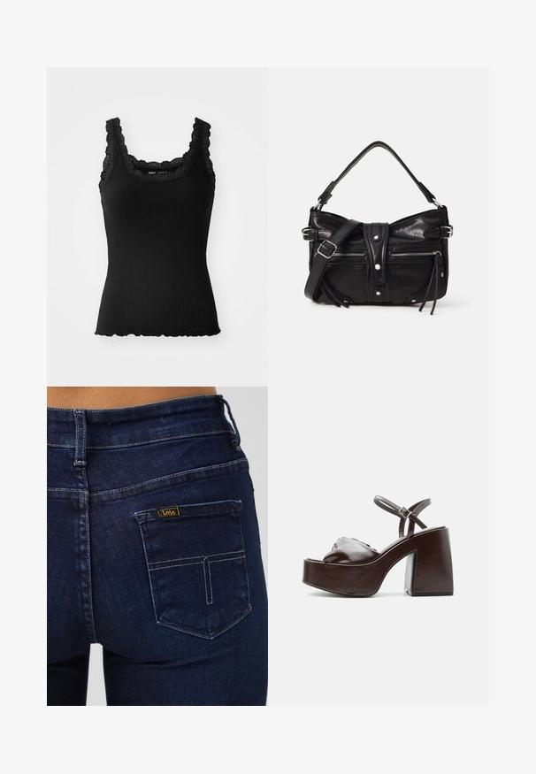 Sort ribbet tanktop med blonderef på halsudskæringen og skuldrene, med bølget kant og tætsiddende design, fremstillet af strækbart stof.; Mørkeblå denimjeans med en standard baglomme. Har syningsdetaljer og en lille gul label med mærket "Lois."; Mørkebrune læderplatformsandal med chunky blokhæl, åben tå og justerbar ankelrem med metal spænde.; Even&Odd H24462 - Håndtasker - black