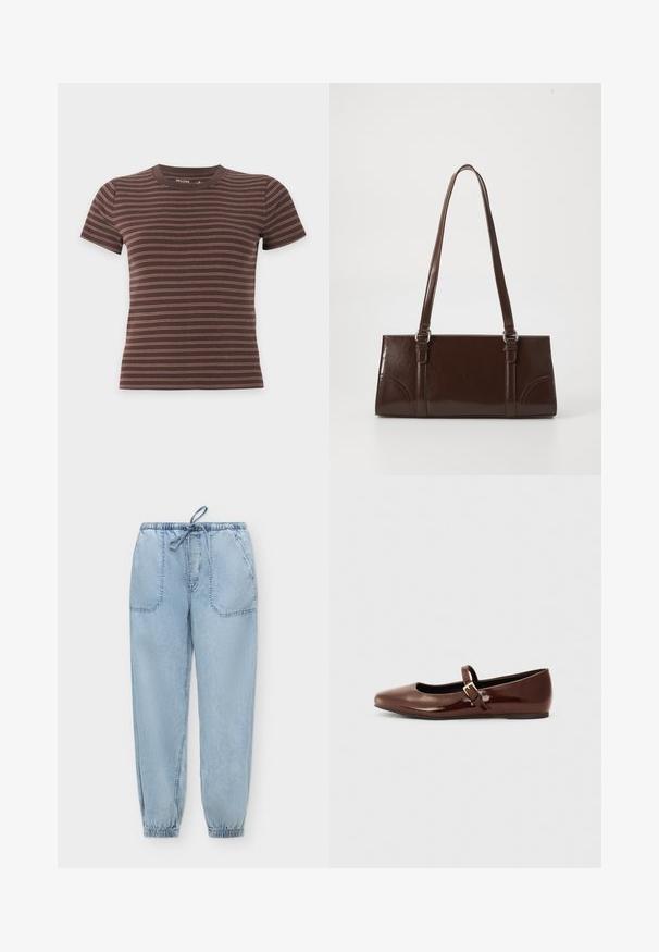 T-shirt marron à manches courtes avec fines rayures horizontales rose clair et col rond sur un fond clair uni.; Pantalon jogger en denim bleu clair avec taille et poignets élastiques, poches plaquées à l'avant et lien coulissant à la taille.; Ballerine en cuir verni marron avec un bout carré et une lanière ornée d'une petite boucle dorée. Texture lisse, talon bas et design minimaliste.; Sac à main en cuir verni marron de forme rectangulaire, avec deux longues poignées et des accents courbés subtils à l'avant.