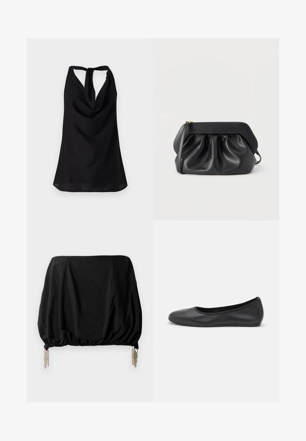 Sort ærmeløs top med en draperet halsudskæring, en lav ryg med snørelukning og en flydende silhuet. Lavet af letvægtsstof.; Sort cropped top med en samlede design, med elastisk kant og metalliske clips som detaljer. Fremstillet af et letvægtsstof.; Sort læderballetsko med rund tå, glat tekstur, minimal syning og et fleksibelt såldesign.; Sort læderclutch med struktureret ramme, rynkedetaljer og en slank håndledsrem på hvid baggrund.
