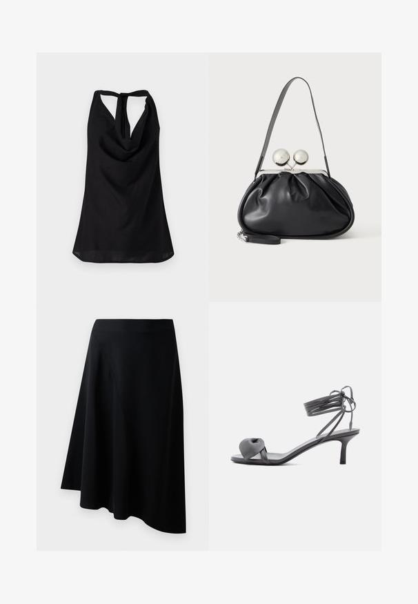 Top noir sans manches avec un décolleté drapé, un dos nu avec une fermeture à lien, et une silhouette fluide. Fabriqué en tissu léger.; Jupe noire en forme de A en matériau lisse, dotée d'un détail de couture diagonale et d'un design fluide qui tombe légèrement au niveau de l'ourlet.; Sandale à talon en cuir gris avec une bride nouée sur les orteils et des lacets enroulants autour de la cheville, sur un talon moyen et fin, sur fond blanc.; Sac à main en cuir noir avec un design plissé, une sangle unique, un cadre métallique argenté et deux grandes fermoirs ronds en argent.