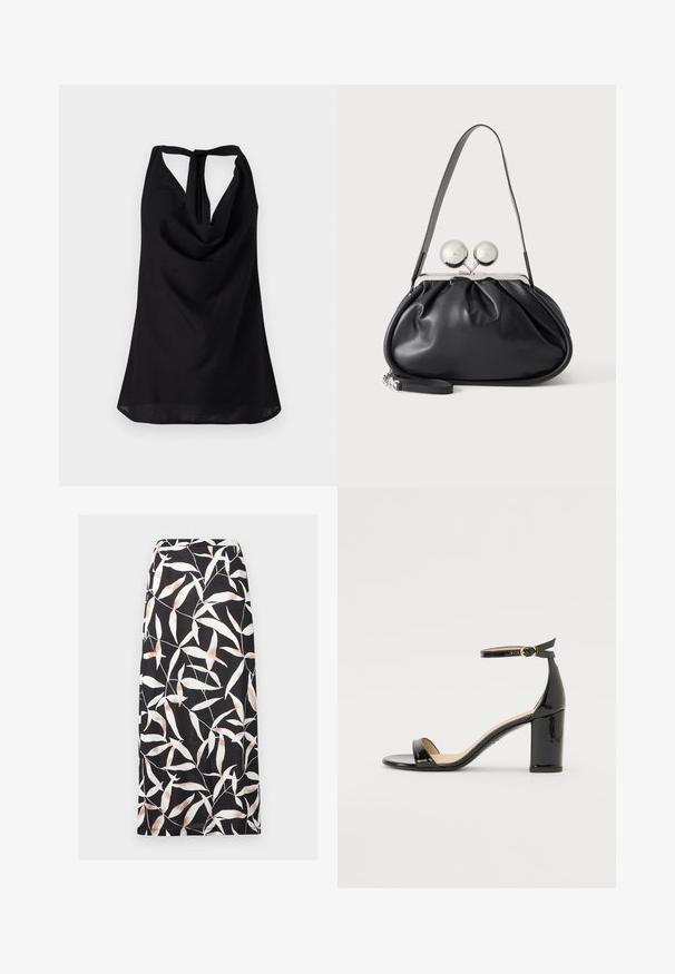 Top noir sans manches avec un décolleté drapé, un dos nu avec une fermeture à lien, et une silhouette fluide. Fabriqué en tissu léger.; Jupe midi noire avec motif abstrait de feuilles blanches et beiges, coupe droite et taille ajustée.; Sandale à talon haut en cuir verni noir avec bride à la cheville et boucle dorée, bout ouvert et talon bloc sur fond blanc.; Sac à main en cuir noir avec un design plissé, une sangle unique, un cadre métallique argenté et deux grandes fermoirs ronds en argent.